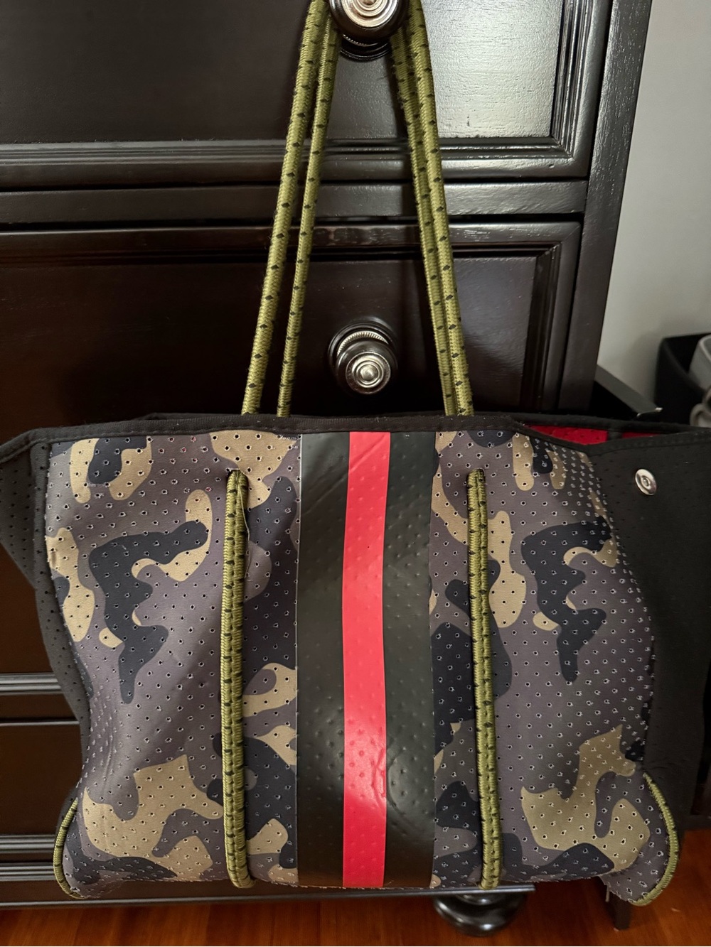 Neoprene Women’s Camo Tote Bag with Red Stripe